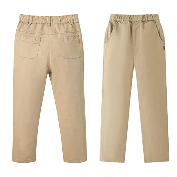 Gelikeya Boys Flat Front Dress Pants Elastic Waist Straight Leg Pull-On School Uniform Pants Kids Performance Pant with Pocket, Beige3 & 13-14 Years