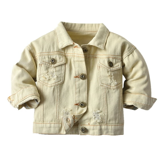 Gelikeya Boys Raincoat Boys Sweatshirts Casual Long Sleeve Girls Fashion Denim Jacket Cardigan Washed Hole Casual Wear Kids Clothes Boys (Beige, 18-24 Months)