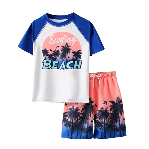 Gelikeya Boys Rash Guard Swim Set Size 8-9 Swimwear Sets Bathing Suit Short/Long Sleeve Bathing Suits for Boys (Child, X02 Blue, 8-9 Years)
