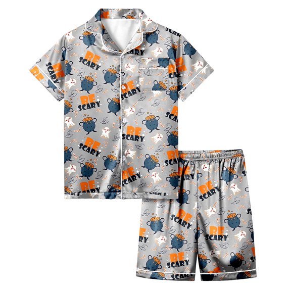 Gelikeya Boys Silk Pajamas Set Size 8-9 Halloween Pajamas Short Sleeve T Shirts Shorts 2pc Outfits All Saints' Day Sleepwear Teen Girl Clothes 2-13Y (Light Gray, 8-9 Years)