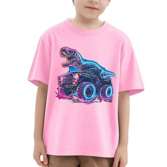 Gelikeya Boys Summer Clothes Size 3-4 Short Sleeve Shirts Dinosaur Print Casual Crewneck Graphic Tees Soft and Comfortable Cotton T Shirt (Toddlers, Pink)