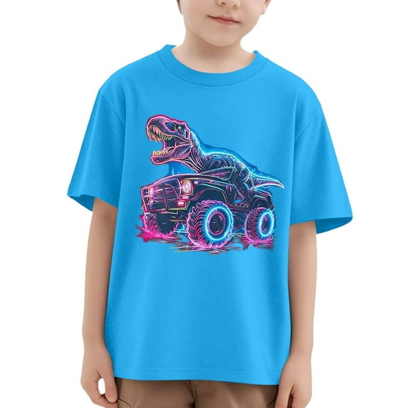 Gelikeya Boys Summer Clothes Size 5-6 Short Sleeve Shirts Dinosaur Print Casual Crewneck Graphic Tees Soft and Comfortable Cotton T Shirt (Toddlers, Sky Blue)