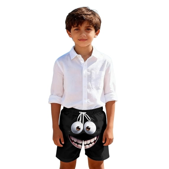 Gelikeya Boys Swim Trunks Funny Cartoon Face Print Quick Drying Beach Shorts Kids Casual Board Shorts Summer Pool Holiday Swimwear #01 Black, 11-12 Years