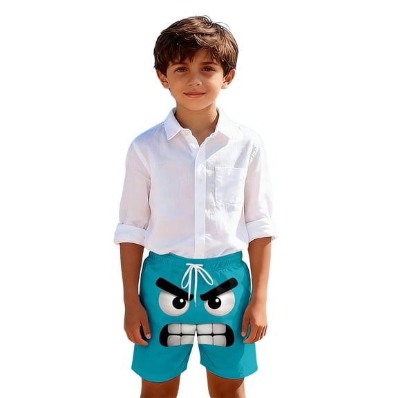 Gelikeya Boys Swim Trunks Funny Cartoon Face Print Quick Drying Beach Shorts Kids Casual Board Shorts Summer Pool Holiday Swimwear #02 Sky Blue, 9-10 Years