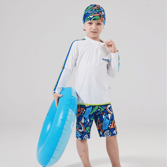 Gelikeya Boys Swimsuits Swim Set Long Sleeve Rash Guard Swim Trunks with Hat 3 Piece Sun Protection for Kids Z03 Blue, 4-5 Years