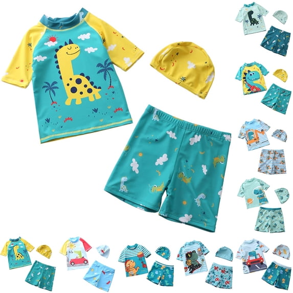 Gelikeya Boys Two Piece Rash Guard Swimsuits Kids Short Sleeve Swimwear Sets Cute Cartoon Print Bathing Suit with Hat Orange 9-10 Years