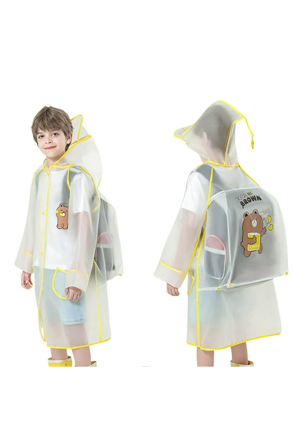 Childrens Rain Poncho for Boys Girls 4-14 Years Cute Animal Print Waterproof Kids Raincoat with Hood and Pockets (Yellow, 12-14 Years)