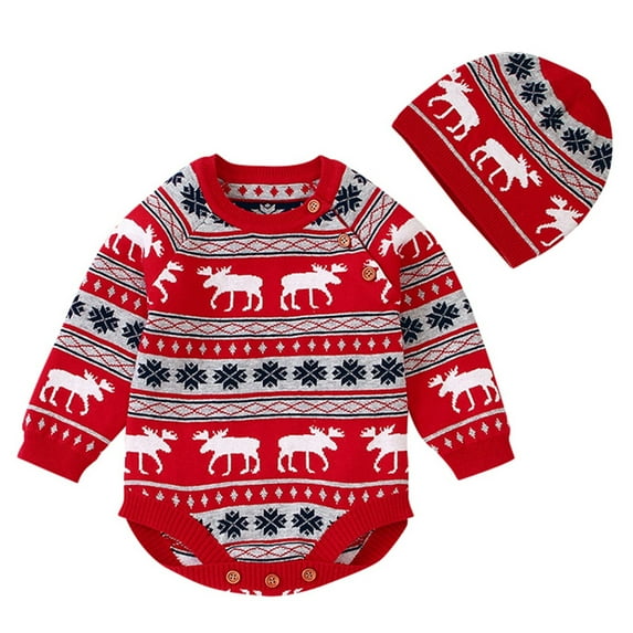Gelikeya Christmas Baby Clothes for Girls Cute Santa Reindeer Print Rompers + Hat 2 Piece Outfits Bodysuit (A03 Red, 3-6 Months)