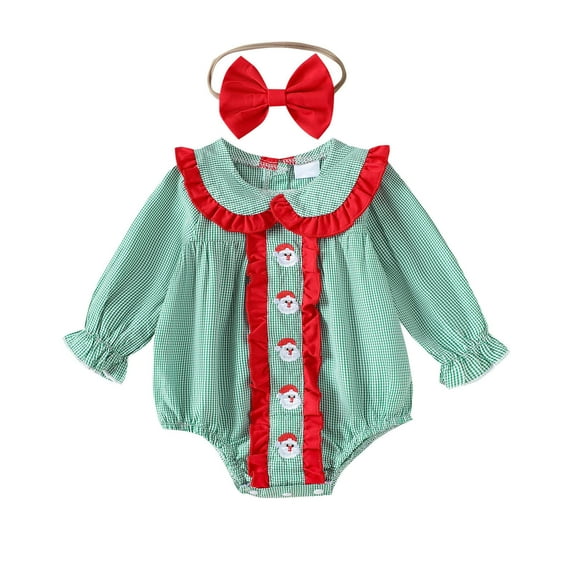 Gelikeya Christmas Baby Clothes for Girls Cute Santa Reindeer Print Rompers + Headband 2 Piece Outfits Bodysuit (A02 Green, 12-18 Months)