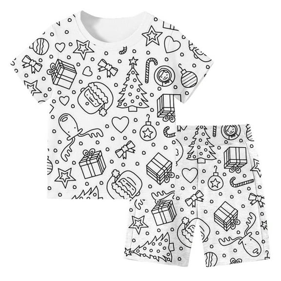 Gelikeya Christmas Colorable Pajamas for Kids Boys Girls Short Sleeve Tops Shorts 2 Piece Pajama Sets Loungewear Sleepwear X10 White & 6-7 Years