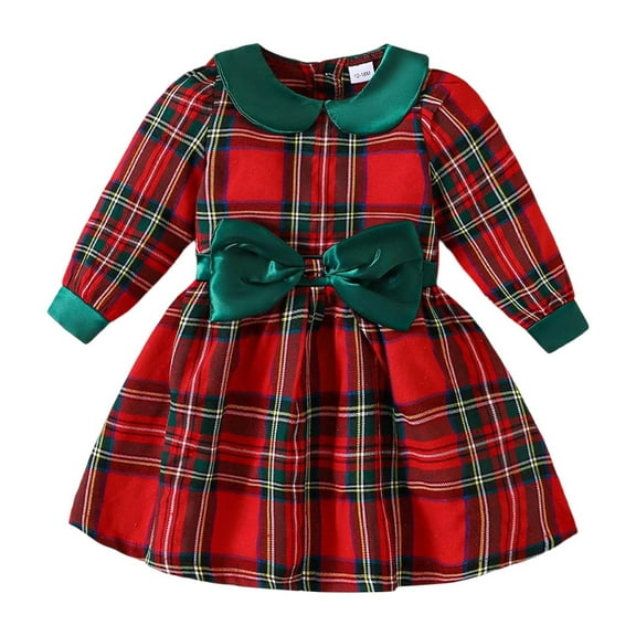 Gelikeya Christmas Dresses for Girls Size 2-3 Cute Cartoon Plaid Print Long Sleeve Christmas Birthday Party Wear Santa Tutu Dress (X01 Green, 2-3 Years)