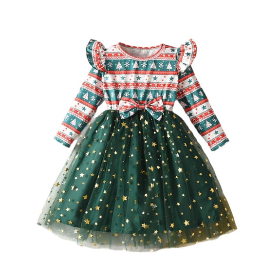 Gelikeya Christmas Dresses for Girls Size 6-7 Little Girl Long Sleeve Dresses Casual Midi Sundress Tutu Dress for Kids Winter Clothes (X01 Green, 6-7 Years)