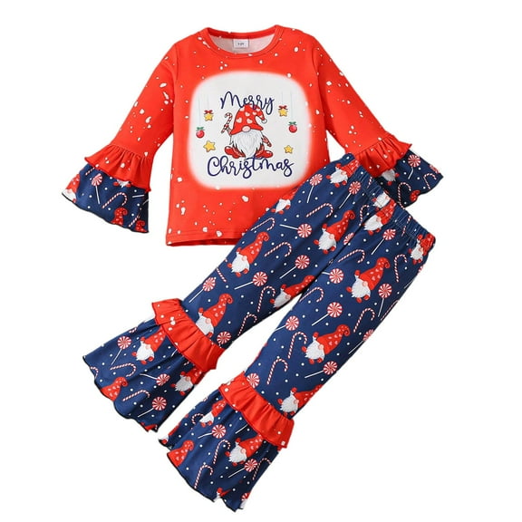 Gelikeya Christmas Outfits for Little Girls Long Sleeve Sweatshirt Flare Pants Cute Catton Prints Girl's Fashion Winter Clothes #01 Red 7-8 Years