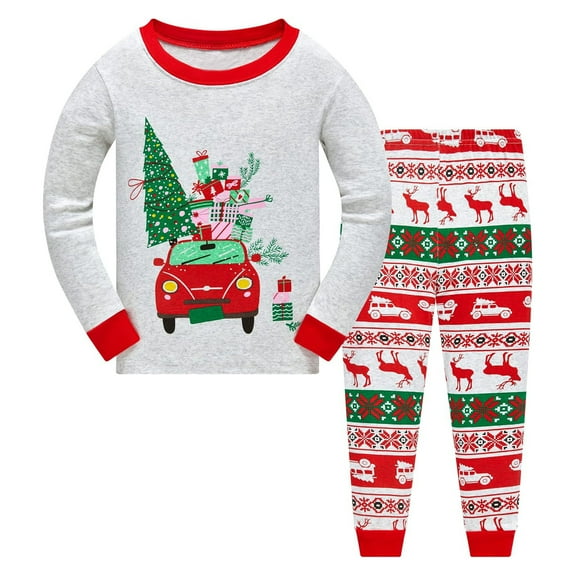 Gelikeya Christmas Pajamas Sets for Kids Boys Girls Long Sleeve Shirts and Striped/Plaid Pants 2Pcs Soft Comfortable Christmas Outfits #02 Light Gray 3-4 Years