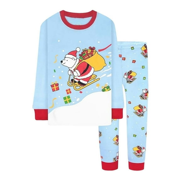 Gelikeya Christmas Pajamas for Kids Boys Girls Xmas Cartoon Print Long Sleeve Cotton Tops Pants 2 Piece Pjs Sets X09 Light Blue & 6-7 Years