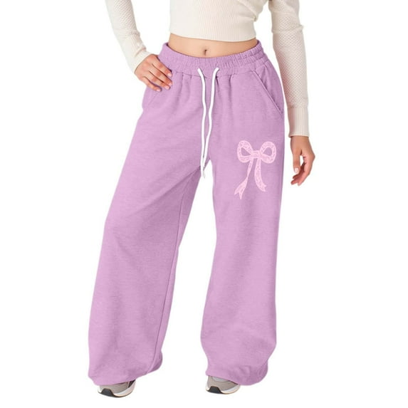 Gelikeya Cute Bow Sweatpants for Girls Drawstring Elastic Waist Wide Leg Pants Kids High Waist Jogger Sweat Pants Girl's Fashion, Purple & 4-5 Years