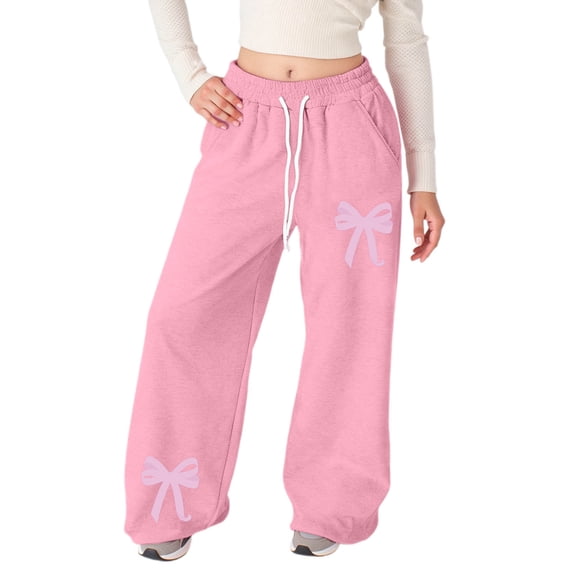 Gelikeya Cute Bow Sweatpants for Girls Open Bottoms Straight Leg Joggers Y2k Joggers with Pockets Back To School Clothing, Pink & 11-12 Years