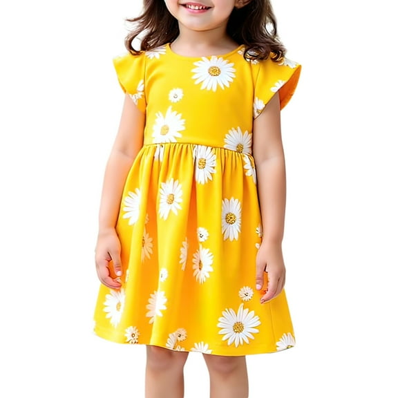 Gelikeya Cute Summer Dresses 5-6T Flying Short Sleeve Round Neck Casual Dress Cute Flower Prints Princess Dresess(Toddlers, Yellow, 4-5 Years)