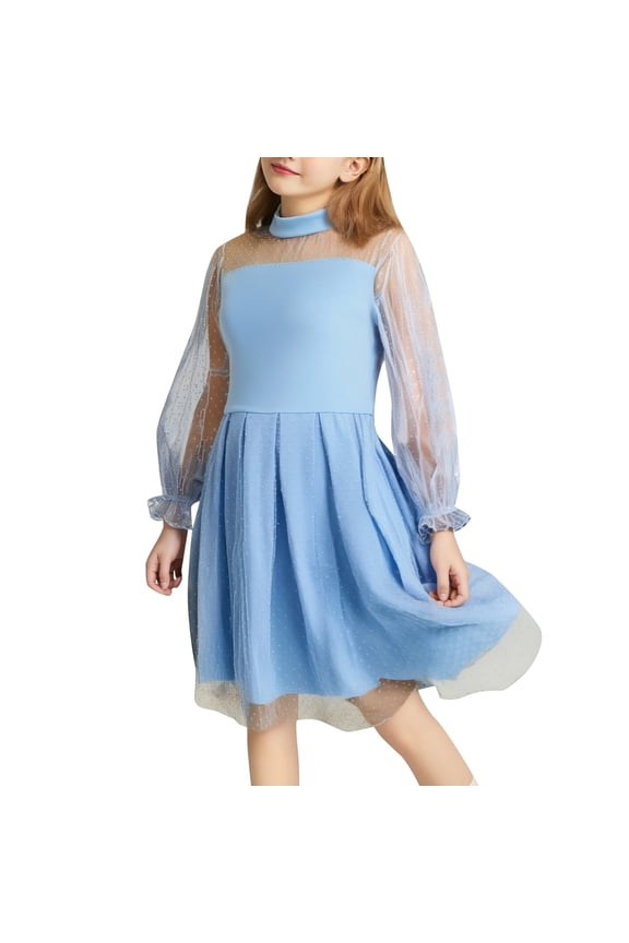 Daddy Daughter Dance Dresses Size 10-12 Solid Color Contrast Mesh Puff Long Sleeve Neck Formal Party A Line Casual Dress (Tweens, Blue, 15-16 Years)