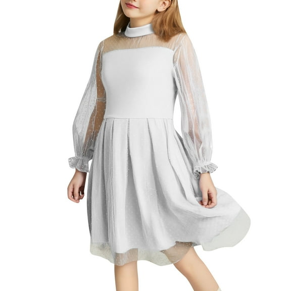 Gelikeya Daddy Daughter Dance Dresses Size 10-12 Solid Color Contrast Mesh Puff Long Sleeve Neck Formal Party A Line Casual Dress (Tweens, White, 15-16 Years)