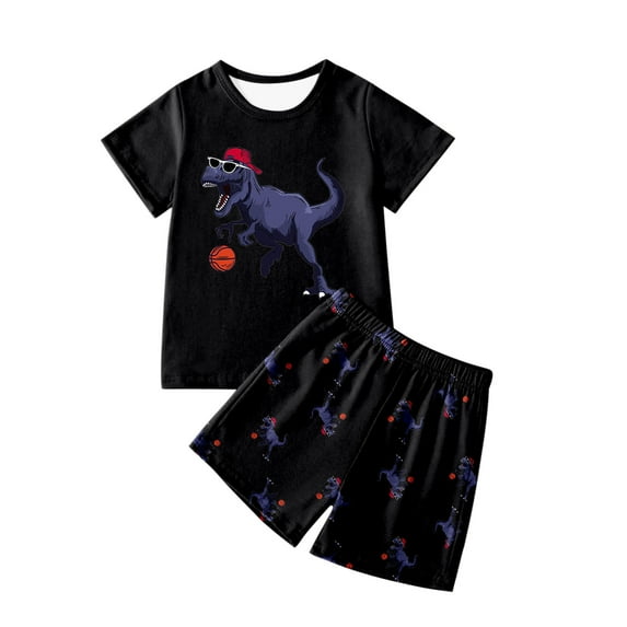 Gelikeya Dinosaur Summer Clothing Sets for Boys 3T-4T Cute Cartoon Print Short Sleeve Sports Athletic Short Sets T Shirt Shorts 2 Piece Outfits (Black, Toddlers)