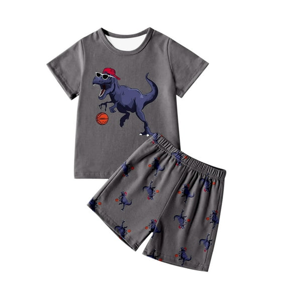 Gelikeya Dinosaur Summer Clothing Sets for Boys 3T-4T Cute Cartoon Print Short Sleeve Sports Athletic Short Sets T Shirt Shorts 2 Piece Outfits (Grey, Toddlers)
