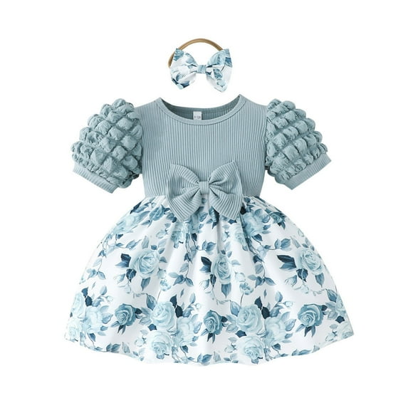 Gelikeya Easter Dress for Baby Girl 6-9 Months Cute Bowknot Design Summer Princess Dress Puff Short Sleeve Casual Dress(Toddlers, Z09-Green, 12-18 Months)