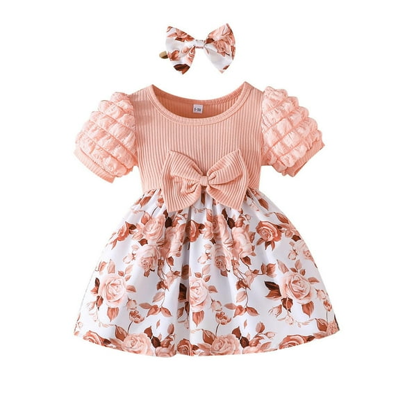 Gelikeya Easter Dress for Baby Girl 6-9 Months Cute Bowknot Design Summer Princess Dress Puff Short Sleeve Casual Dress(Toddlers, Z09-Light Pink, 6-9 Months)