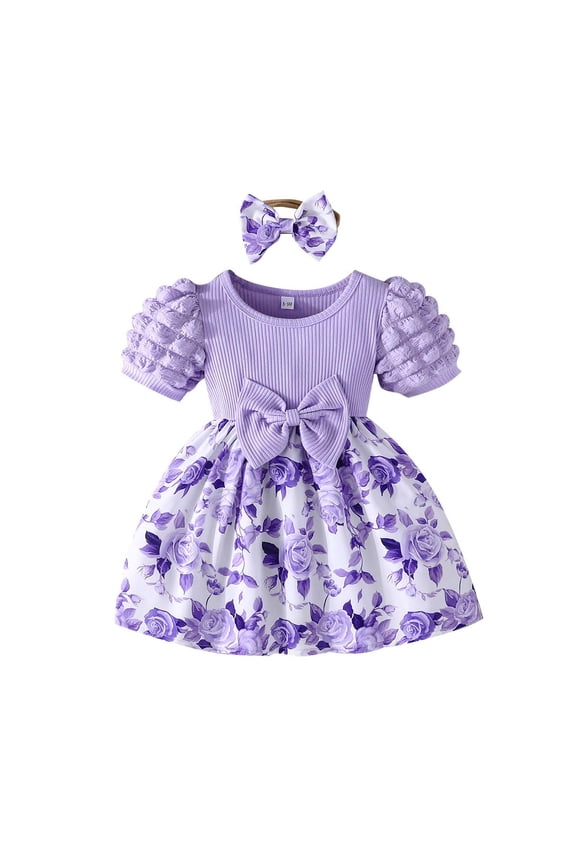 Easter Dress for Baby Girl 6-9 Months Cute Bowknot Design Summer Princess Dress Puff Short Sleeve Casual Dress(Toddlers, Z09-Light Purple, 2-3 Years)