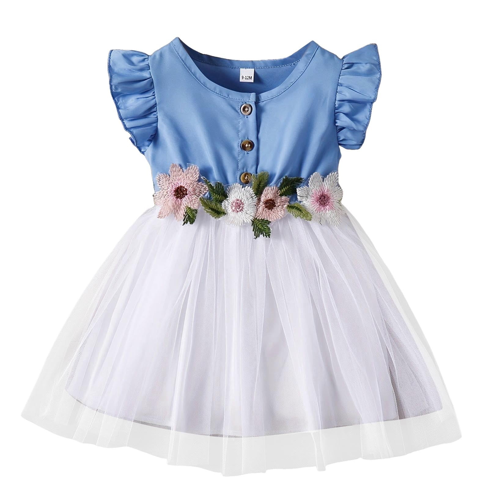 Gelikeya Easter Dress for Baby Girl 6-9 Months Tulle Flower Embroidery Summer Princess Dress Flutter Sleeve Casual Dress(Toddlers, Z11-White, 6-9