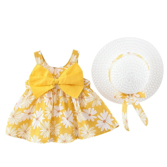 Gelikeya Easter Dresses for Toddler Girls With Hats Cute Floral Print Summer Dress Skirt Bowknot Design Sleeveless Princess Dress 2 PC(Toddlers, Z02-Yellow, 18-24 Months)