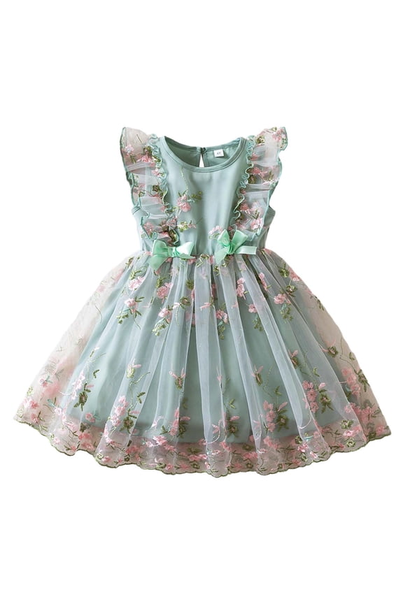 Easter Dresses for Girls Cute Flutter Sleeve Flower Girl Dresses for Wedding Birthday Party Floral Summer Tutu Dress Green, 6-7 Years