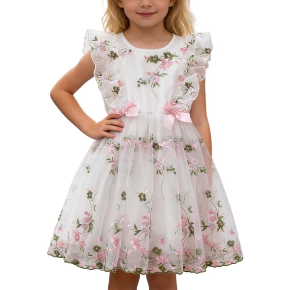 Gelikeya Easter Dresses for Girls Cute Flutter Sleeve Flower Girl Dresses for Wedding Birthday Party Floral Summer Tutu Dress White, 3-4 Years