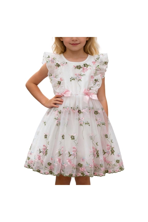 Easter Dresses for Girls Cute Flutter Sleeve Flower Girl Dresses for Wedding Birthday Party Floral Summer Tutu Dress White, 6-7 Years