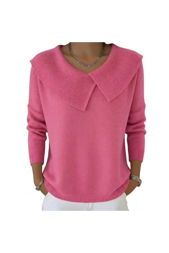 Elegant Retro Soft Triangle Neck Solid Color Sweater Top Turtleneck Cowl Neck Cozy Long Sleeve Knit Pullover, Pink & Size L