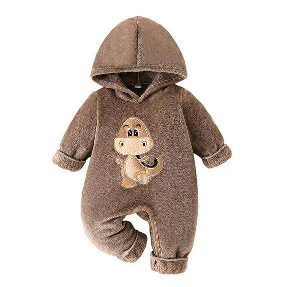 Gelikeya Fall Winter Baby Clothes for Toddler Boys Cartoon Dinosaur Embroidered Hooded Bodysuit Thermal Long Sleeve Rompers (Coffee, 12-18 Months)