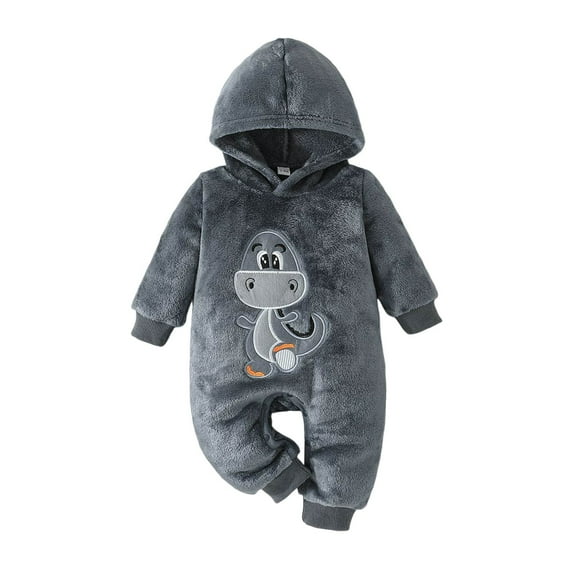 Gelikeya Fall Winter Baby Clothes for Toddler Boys Cartoon Dinosaur Embroidered Hooded Bodysuit Thermal Long Sleeve Rompers (Grey, 18-24 Months)