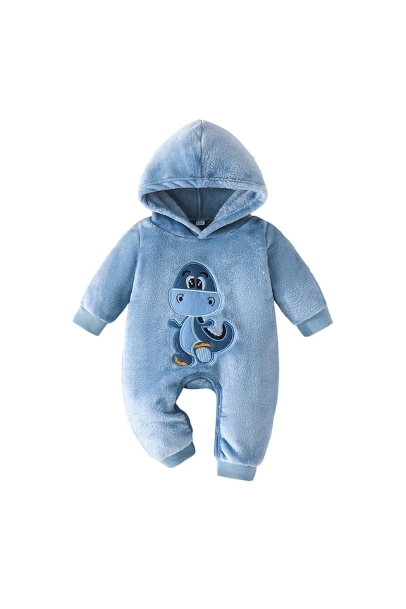 Fall Winter Baby Clothes for Toddler Boys Cartoon Dinosaur Embroidered Hooded Bodysuit Thermal Long Sleeve Rompers (Sky Blue, 9-12 Months)