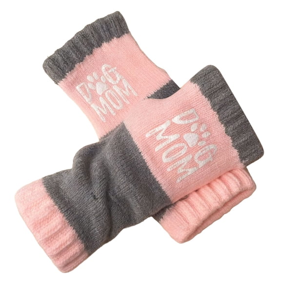 Gelikeya Fingerless Gloves for Women Dog Mom Gifts Cute Kintted Embroidered Winter Gloves for Cold Weather, Pink & One Size