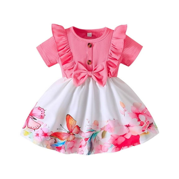 Gelikeya Floral Dress for Toddler Baby Girl Flutter Short Sleeve Bowknot Design Spring Summer Outfit Clothes Birthday Gifts for Kids Playwear Dress(Toddlers, Z02-Pink, 12-18 Months)