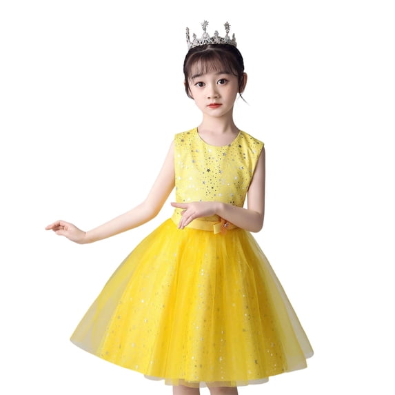 Gelikeya Flower Girl Dress 3-14Y Girls Wedding Peach Dress Star Sequins Bride Party Dresses with Mesh Layerd Tutu Skirt Yellow & 7-8 Years