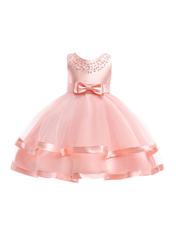 Flower Girl Dress for Toddlers Fashion Cute Bowknot Design Bithday Party Dress Solid Color Sleeveless Elegant Princess Dresses(Toddlers, Z05-Pink, 4-5 Years)