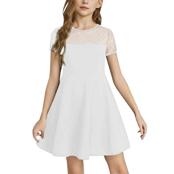 Gelikeya Flower Girl Dresses Girls 7-16 Solid Color First Communions Dress Contrast Mesh Puffy Short Sleeve A Line Casual Party Dress(Tweens, White, 10-12 Years)