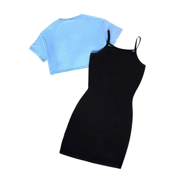 Gelikeya Girls 2 Piece Butterfly Graphic Camisole Pencil Dress with Short Sleeve Crop Tee Top Set Summer Cute Outfits 5-14Y (Light Blue, 5-6 Years)