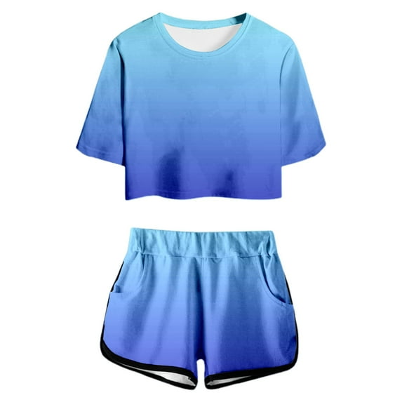 Gelikeya Girls 2 Piece Outfits Back to School Clothes Gradient Color Shorts Sets (Z06 Blue, 6-7 Years)