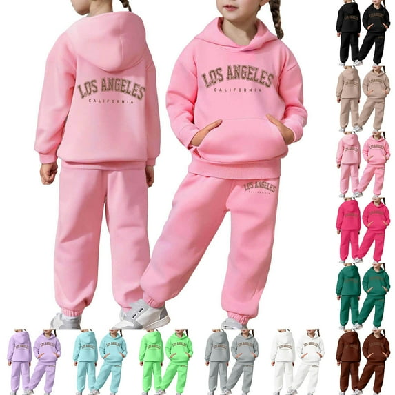 Gelikeya Girls 2 Piece Outfits Sweatsuit City Letter Print Pullover Hoodie Sweatshirt Lounge Sets Jogger Sweatpants 2-13 Years (Purple, 6-7 Years)