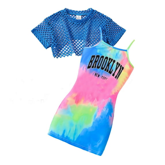 Gelikeya Girls 2 Piece Tie Dye Camisole Pencil Dress with Short Sleeve Mesh Crop Tee Top Set Summer Cute Outfits 3-8Y (Z03 Blue, 3-4 Years)