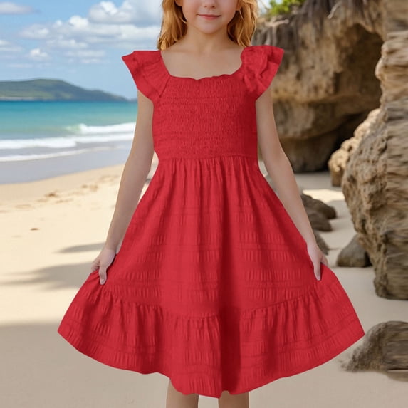 Gelikeya Girls 2026 Summer Dresses Smocked Flutter Sleeve A-Line Swing Casual Party Dresses Size 3-14 Years Z01 Red, 9-10 Years