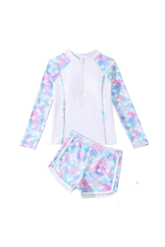 Girls Bathing Suits Size 7-8 Swimwear Swimsuits 2 Piece Rash Guard Sets Long Sleeve Summer Holiday Hawaiian Beach Party Pool Swimming Wear (Child, R05 White, 7-8 Years)