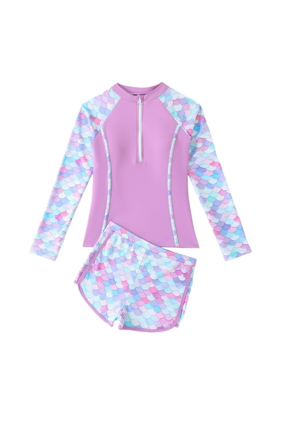 Girls Bathing Suits Size 7-8 Swimwear Swimsuits 2 Piece Rash Guard Sets Long Sleeve Summer Holiday Hawaiian Beach Party Pool Swimming Wear (Child, R05 Purple, 7-8 Years)